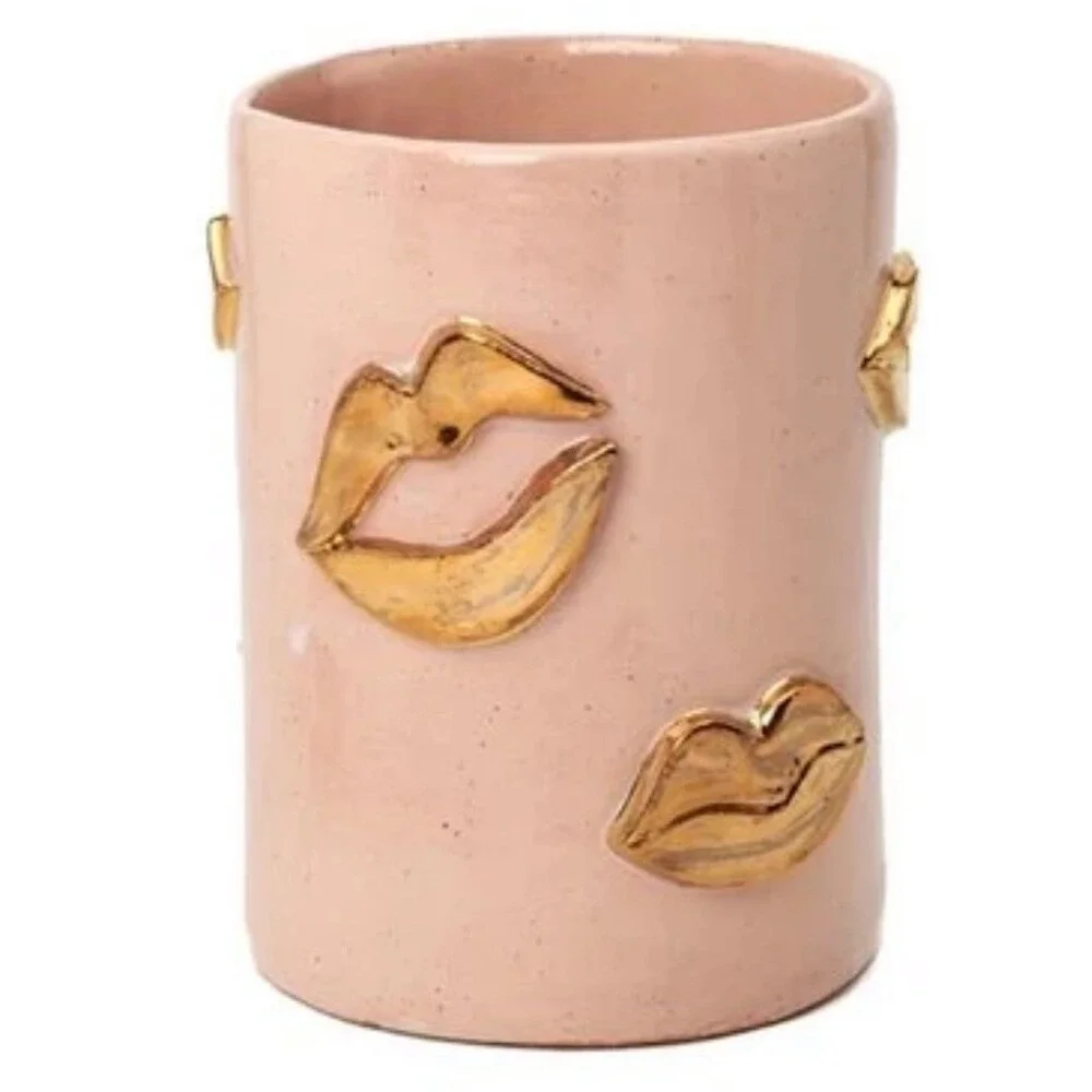 Lux Eros Blush Pink Gold Lip Kiss Planter Pot Vase‎